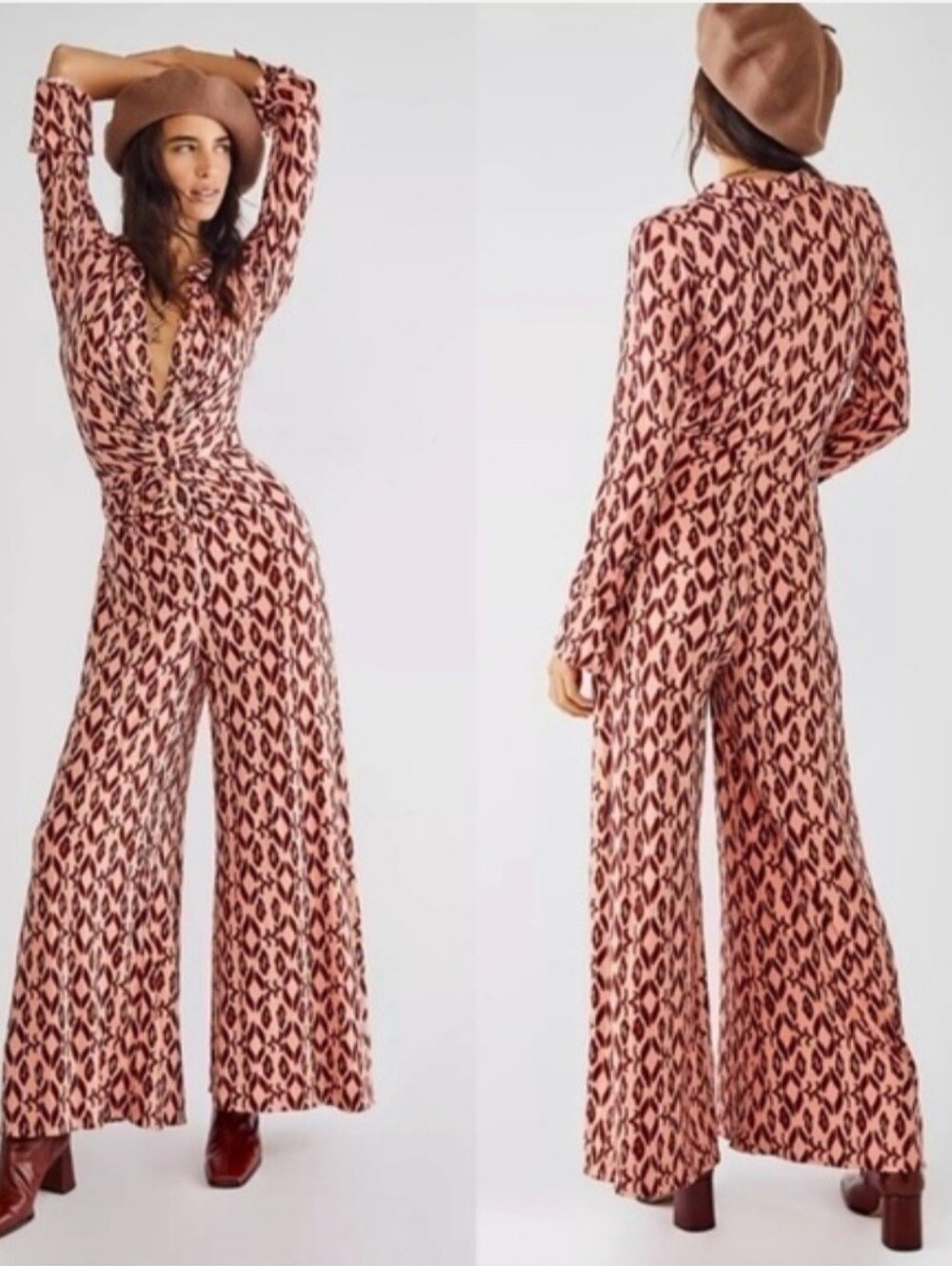 Free People Shayla Long Sleeve Wide Leg Jumpsuit, Size L